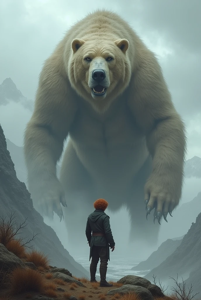 On a mountain in gray weather, a man with curly red hair stands calmly in front of a giant sand-bear calm 