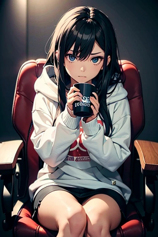 Woman sitting in a gaming chair、2、Black Hair、long hair、Scornful expression、（Sit with your feet on a chair）、Holding the mug with both hands、Big hoodie、（high resolution）、Beautiful Skin、（Ultra 8K）