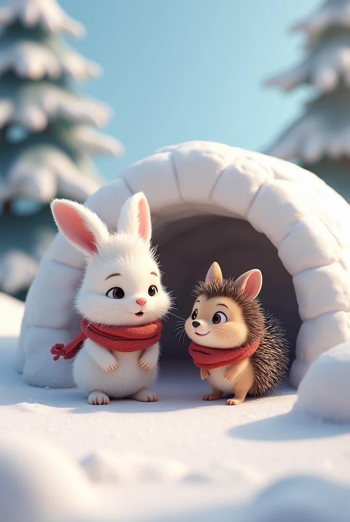 There is snow all around and there is snow in the background as well and the trees are also of beautiful green colour. A cute little rabbit whose hair is like feathers and which is of white colour. The rabbit and his friend hedgehog are both standing inside the igloo, both are wearing scarves around their necks, both are looking at each other.imge in 3d animation