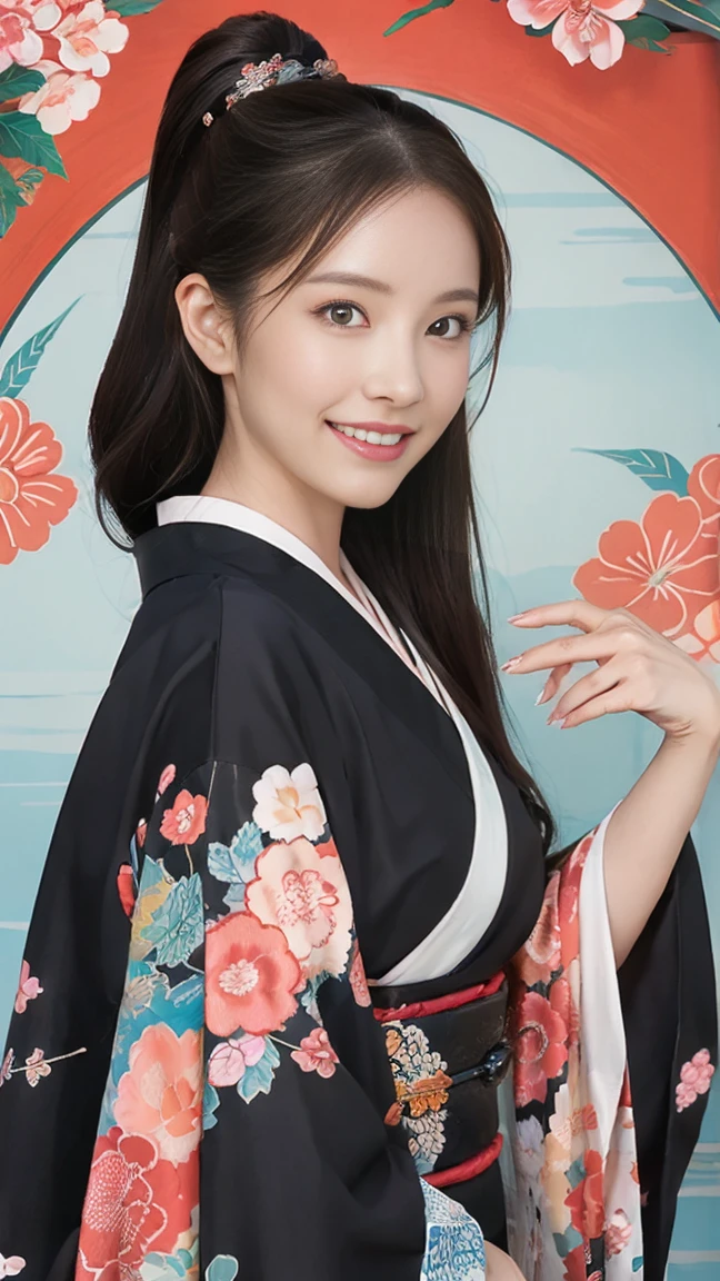 (SeaArt creates stunning illustrations of beautiful women in kimono)、Vividly colored Japanese Ukiyo-e style illustrations、A beautiful woman smiles and shows her upper white teeth、Brown-black long hair、Beautiful full body style、If you want to dance, let&#39;s dance, Tokyo Ondo, Yoi Yoi、Beautiful new digital paintings,、Bright vibrant digital anime art、 Beautiful anime portraits、background,Torii gate front of Japanese shrine、 Detailed digital anime art