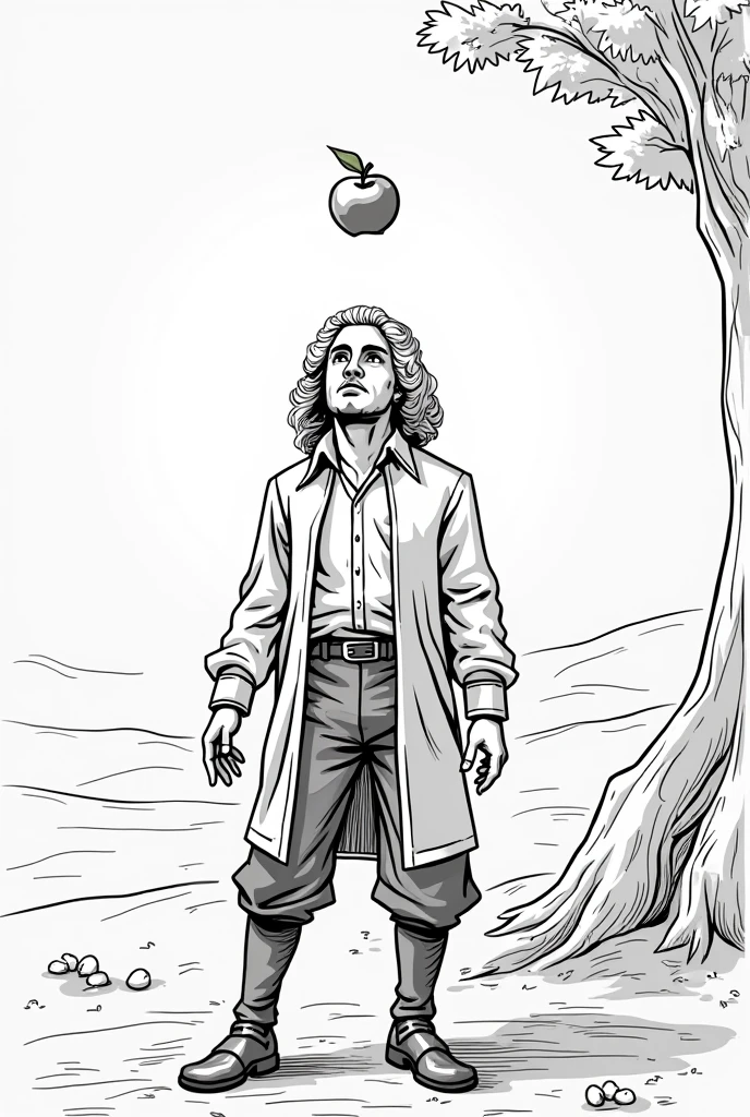 Apple falls in Newton's head , make Newton draw with marker , don't make his body realistic , add apple tree as background , make this art black and white