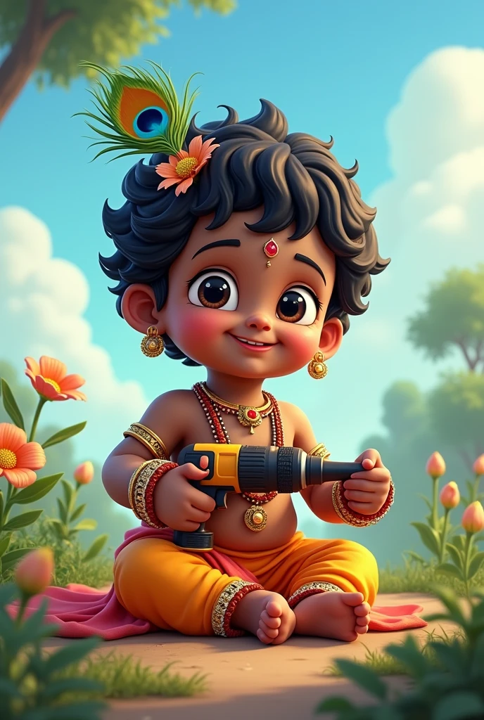 Generate an image of animated baby lord Krishna holding a drilling machine in his hand 