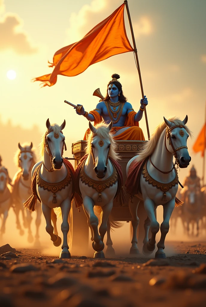 a digital cinematic experience of hollywood style, game art icon style, Low angle DSLR Photography, The chariot should be elaborately designed, featuring a prominent saffron flag fluttering above the chariot, symbolizing its significance. the chariot is drawn by five white horses, Create a vivid scene of Lord Krishna riding a chariot, Arjuna is sitting behind Krishna, Highlight Krishna prominently, showing him blowing his divine conch shell with a powerful and serene expression. , Arjuna is holding Bow and arrow, The context is of the story from Mahabharatham, in Mahabharatham Krisha delivers Geetha updesham, Arjuna should be depicted alongside Krishna, also blowing his conch shell. Capture the grandeur of the chariot and Krishna’s central role, with the background reflecting the battlefield’s energy and anticipation., low-angle shot, vibrant color grading, light leaks, Black Magic Camera, HD quality, DOF, Morning Sunlight, sunrays--ar 7:5 --v 6.1 --s 250