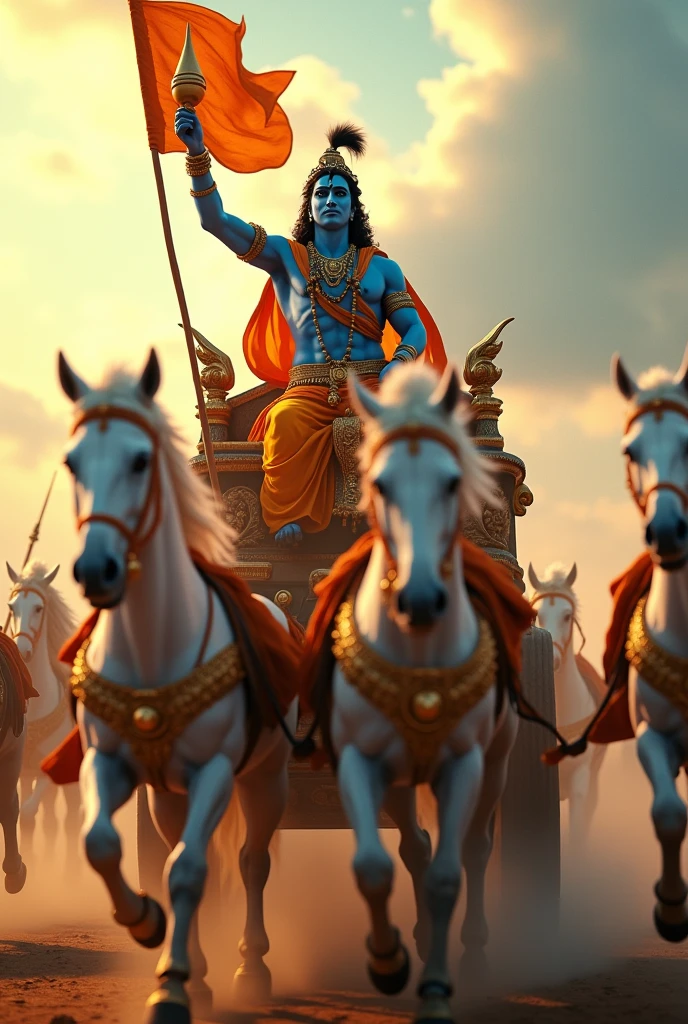 a digital cinematic experience of hollywood style, game art icon style, Low angle DSLR Photography, The chariot should be elaborately designed, featuring a prominent saffron flag fluttering above the chariot, symbolizing its significance. the chariot is drawn by five white horses, Create a vivid scene of Lord Krishna riding a chariot, Arjuna is sitting behind Krishna, Highlight Krishna prominently, showing him blowing his divine conch shell with a powerful and serene expression. , Arjuna is holding Bow and arrow, The context is of the story from Mahabharatham, in Mahabharatham Krisha delivers Geetha updesham, Arjuna should be depicted alongside Krishna, also blowing his conch shell. Capture the grandeur of the chariot and Krishna’s central role, with the background reflecting the battlefield’s energy and anticipation., low-angle shot, vibrant color grading, light leaks, Black Magic Camera, HD quality, DOF, Morning Sunlight, sunrays--ar 7:5 --v 6.1 --s 250