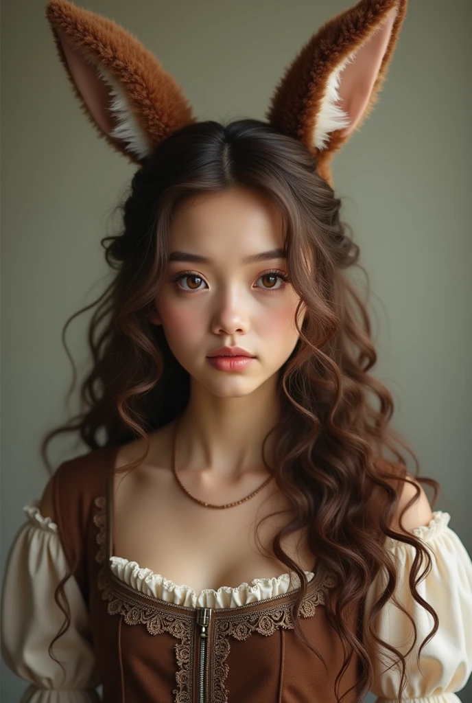 A woman with curly brown hair and brown eyes. She has fluffy brown bunny ears. She wears medieval clothing.