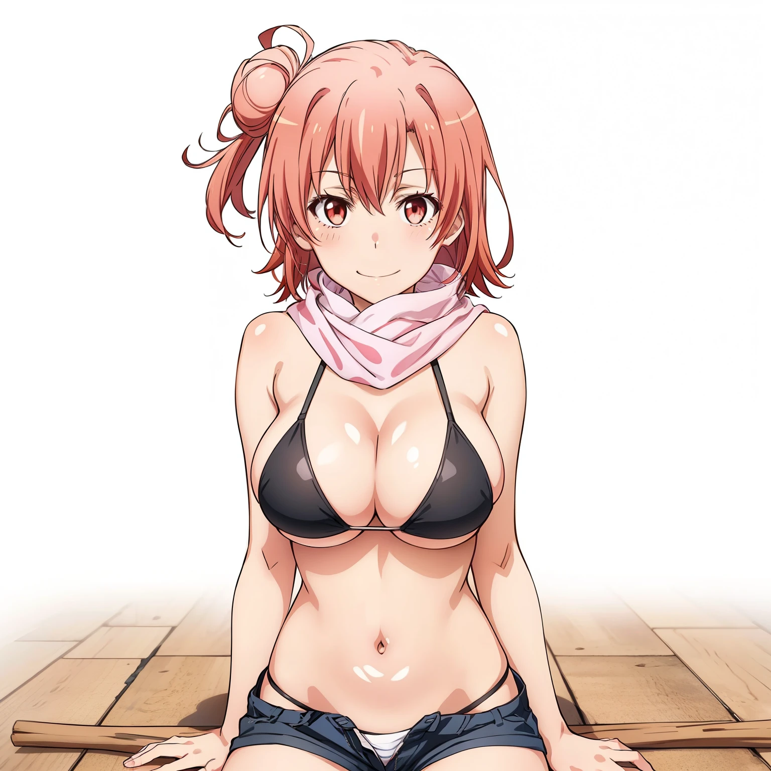 ((masutepiece, Best Quality, hight resolution, nffsw, Perfect Pixel, depth of fields, 4K, )), 1girl in, Solo, , Beautiful anime girl, Beautiful Art Style, Looking at Viewer, Perfect body, Yuigahama Yui, Short hair, single hair bun, pink hair, (large boob), Full face blush, Smile, thighs thighs thighs thighs, flame , scarf, short shorts, sticks in hair, yoko littner outfit, white background, sitting on floor, portrait shot, Focus,