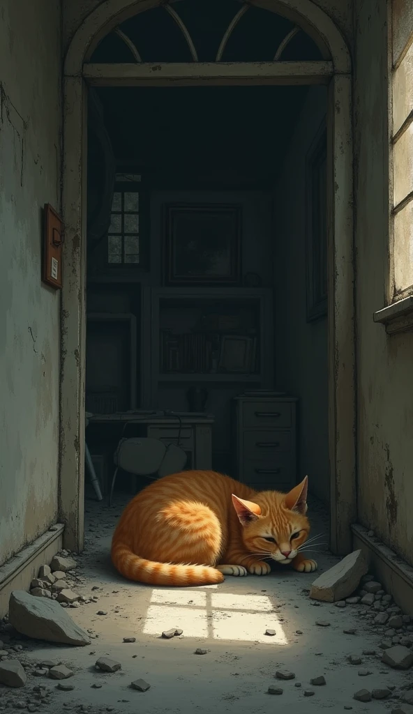 Scene 6: The Safe Haven
Location: A Small Abandoned Building
The orange cat finds a small opening in a dilapidated building and slips inside. It cautiously explores the interior, which is dark and filled with old furniture. Finding a quiet corner, the cat curls up and finally closes its eyes to rest.