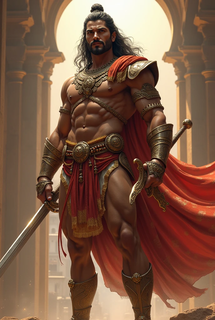 Arjuna from mahabharat with his grandness with sword and grand attire
