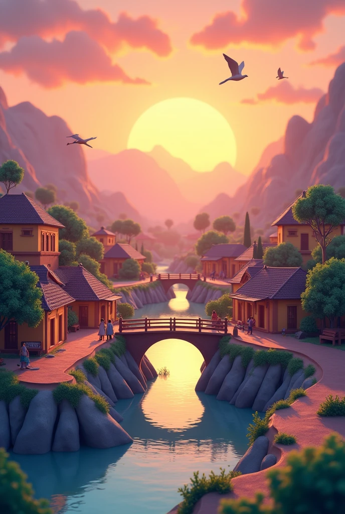 3d cartoon style"a beautiful village(Indian village have few peoples ,in the village have street and river,on the river passing a bridge,on the background sunrising, in the sky few birds flying, image viewed from in the cloud.
