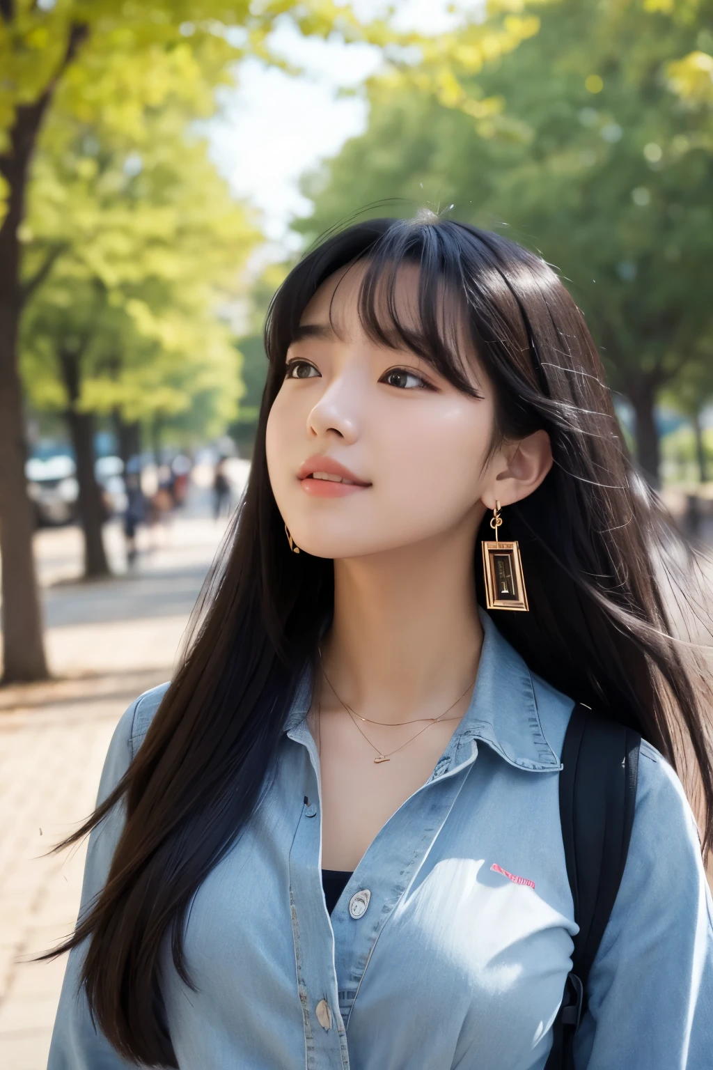 Female college student,Black Hair,Long Hair,H Cup,Earrings,Park Date,Too much exposure,Looking up,Sensational