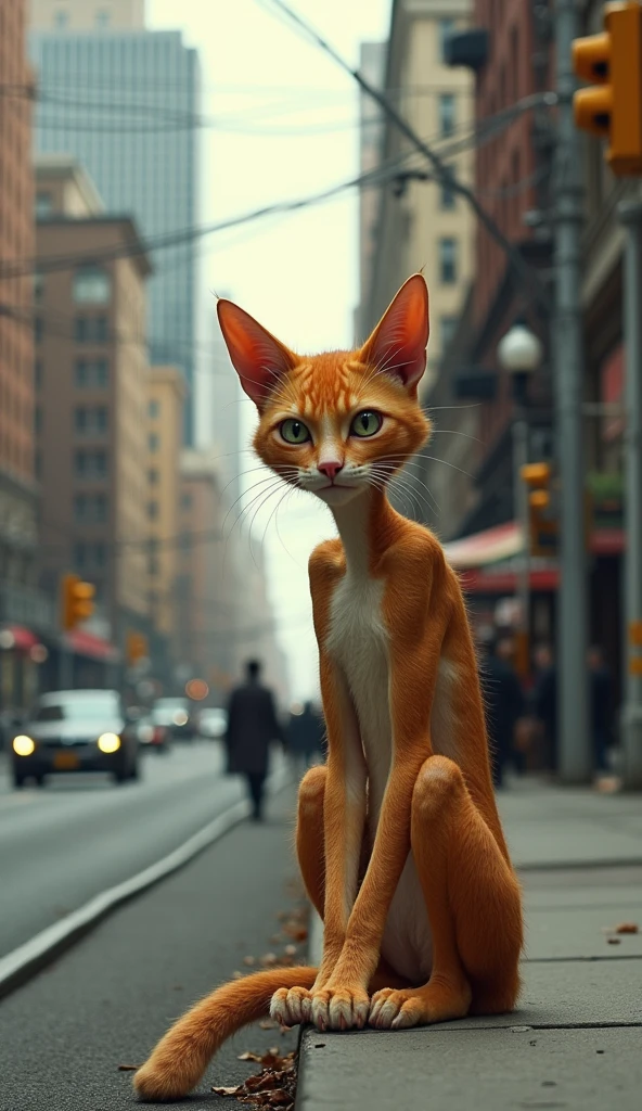 Take a realistic photo in a city where there is a skinny orange cat human contemplating on the side of the road