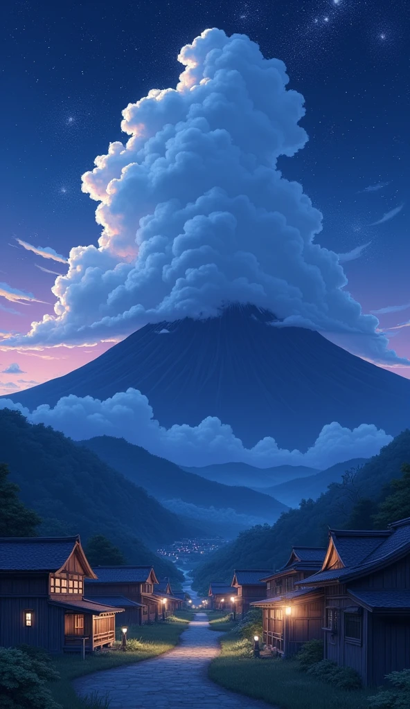 Night Japanese village, Beautiful night sky, big clouds, anime style