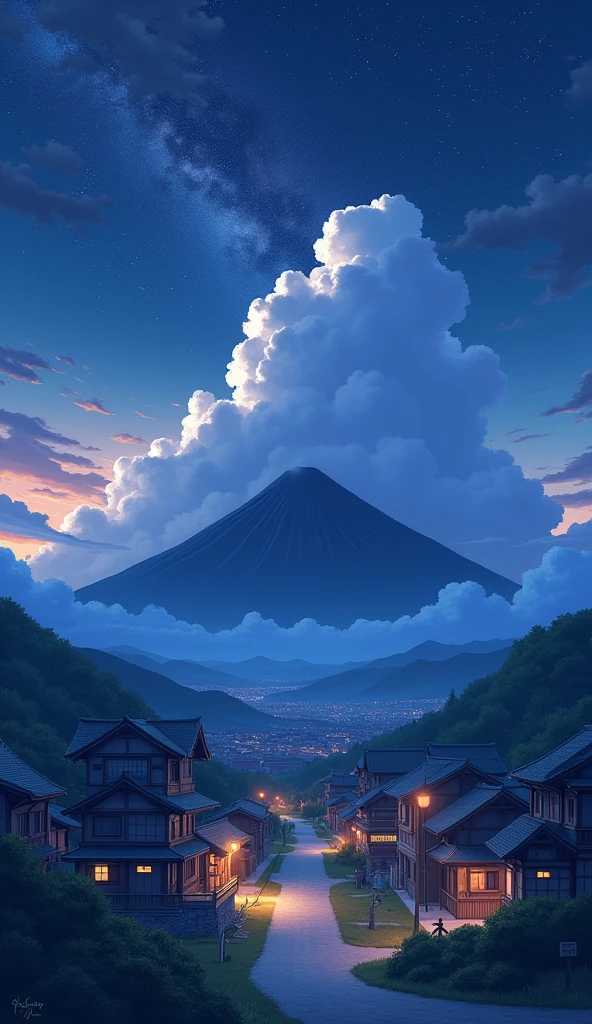 Night Japanese village, Beautiful night sky, big clouds, anime style