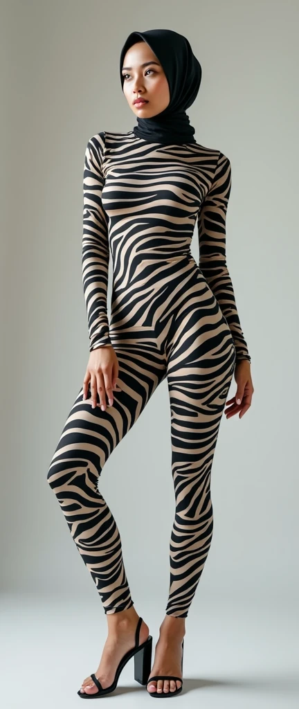 the beautiful,slender thin and clever Malaysian muslimah adult female girl with beautiful cheeks wears zebra print lycra turtleneck unitard catsuit covered with seamless stripes and always wear zebra print lycra elastane stretchy dancewear hijab covered with seamless stripes.She can be touched.
