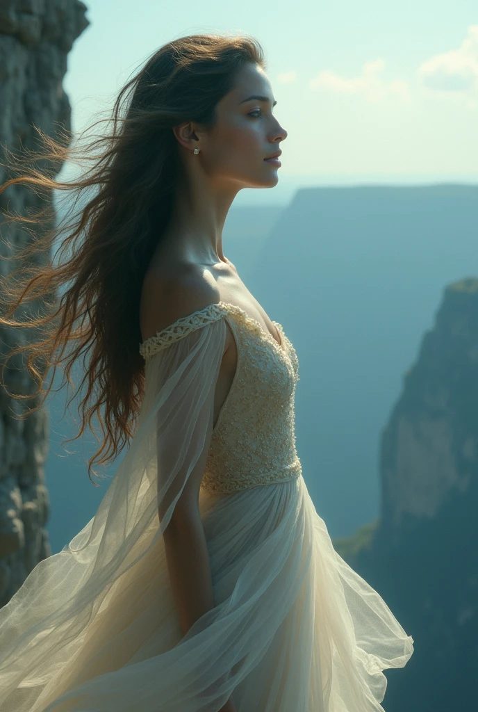 Illustrate a captivating woman with an enigmatic aura who could shatter a man's faith. Imagine her standing at the precipice of a cliff, the wind tousling her long, flowing hair as she gazes into the abyss. She wears a flowing, ethereal gown that seems to shimmer with an otherworldly light, and her eyes hold a depth that could consume even the strongest of souls