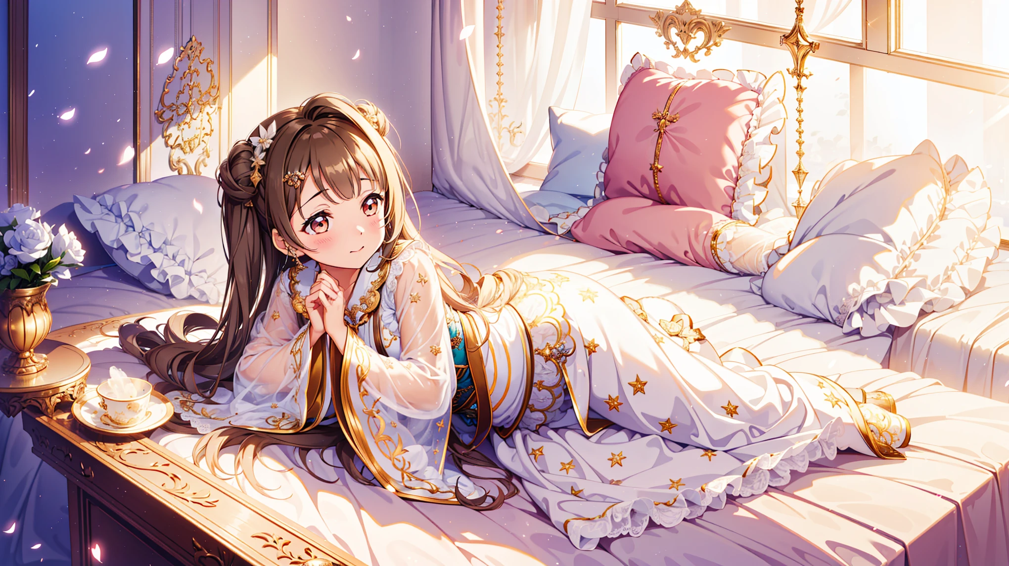 Alone,night,In the room,An expression of anticipation,Cute girl,Transparent Pajamas,Transparent sleeves,Obsessed,Petal edges,Light,Fluffy,Divine decoration,Sacred Theme,Lace,Ruffles,Extremely detailed CG 8k wallpaper,Best quality,masterpiece,high resolution,Delicate and beautiful face,Exquisite clothes