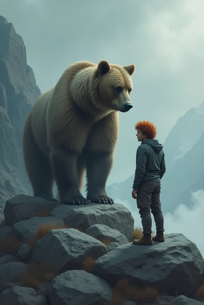 On a mountain in gray weather, a man with curly red hair stands calmly in front of a giant bear who is also calm