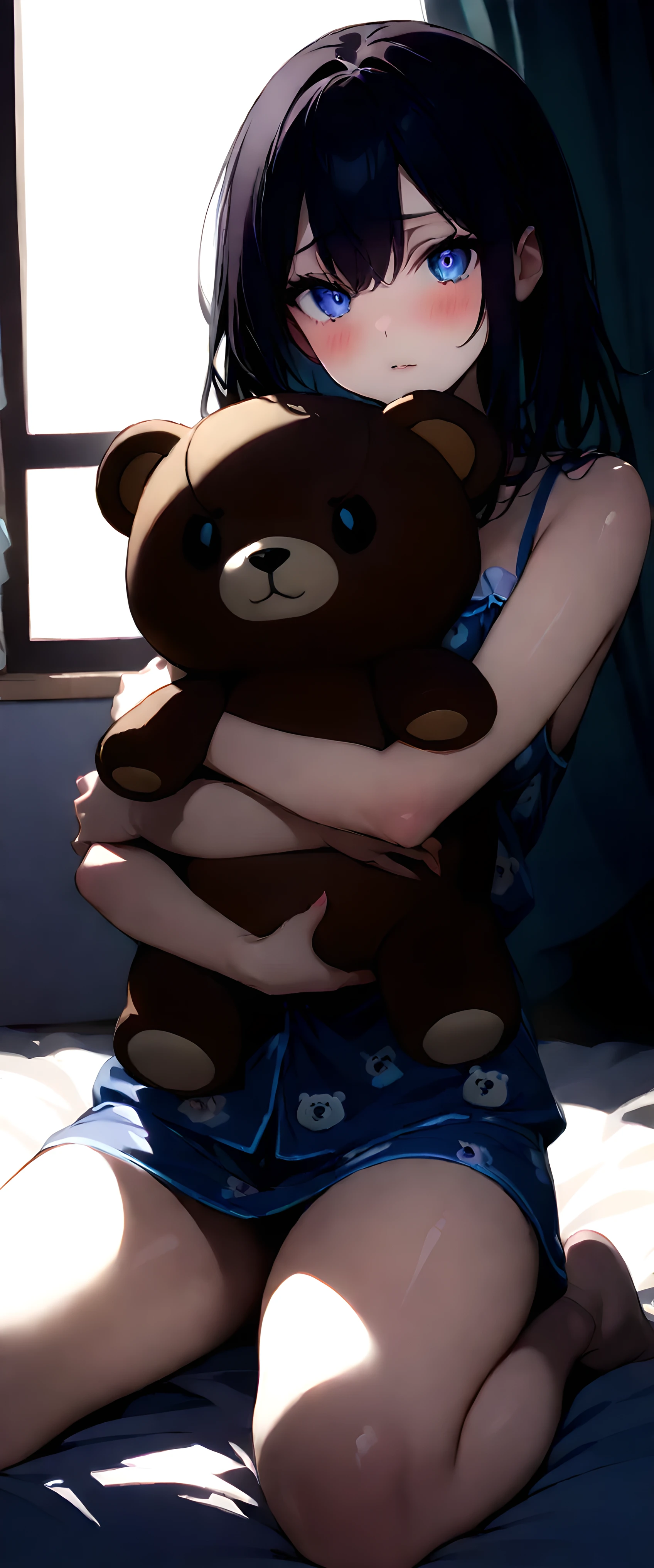 (highest quallity),(work of art), 8k,very detailled, detailed light, best shade,Detailed reflective eyes, very detailledな顔,shiny hair,(1 girl:1.2),Woman,glans,Bblack hair,embarrassing,blush,nice fingers,beautiful hands,all-body,blue colored eyes,(Medium length hair:1.2),fine tune,mole under the eye,pijamas,(Plush polar bear:1.2),(Big teddy bear:1.2),Hug a stuffed animal,(Watery eyes 1.2), with sexy sleepwear