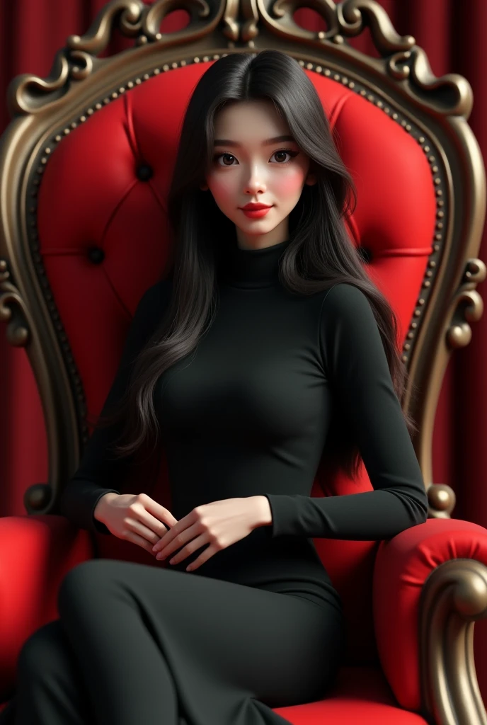 Pretty 25 yrs old girl with long hair wearing black turtle neck long dress and red lipstick sitting in the red royal chair putting the 2 hand in armchair. 3D semi animated portrait full image