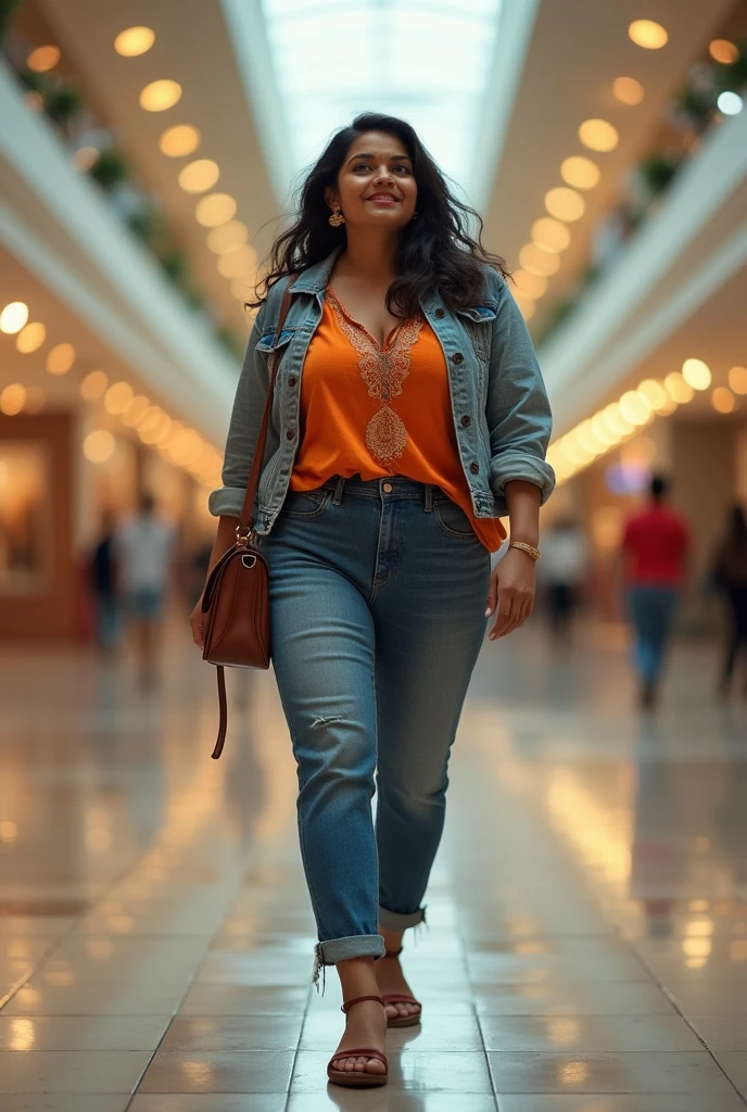 portrait of a very short and thick voluptuous smiling Indian woman with huge saggy breasts wearing trendy kurti with a jacket and denims walking through an empty shopping mall looking back, riot of colors, epic lighting, fine art, dreamlike atmosphere, soft cinematic focus, anamorphic lens flares, masterpiece, by tinto brass,