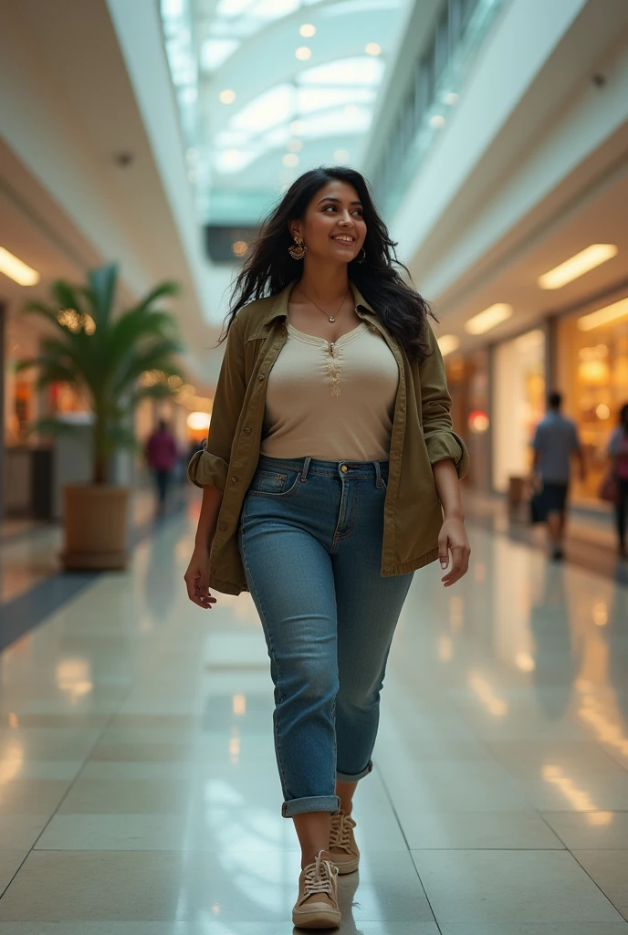 portrait of a very short and thick voluptuous smiling Indian woman with huge saggy breasts wearing trendy kurti with a jacket and denims walking through an empty shopping mall looking back, riot of colors, epic lighting, fine art, dreamlike atmosphere, soft cinematic focus, anamorphic lens flares, masterpiece, by tinto brass,
