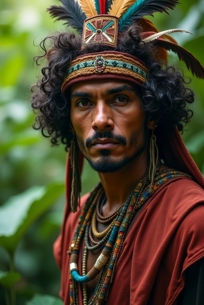 A curly-haired man wearing an Inca headdress