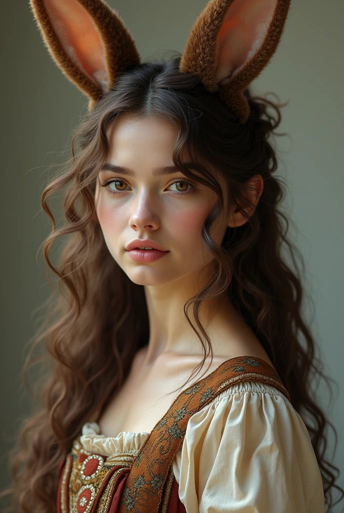 A woman with curly brown hair and brown eyes. She has fluffy brown bunny ears. She wears medieval clothing.