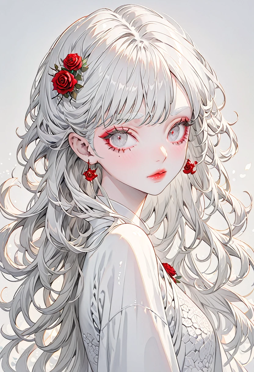 (Highest quality,Very detailed,High resolution:1.2),Thin and albino，Very white hair,Gray bangs，Curly Hair, She is wearing a rose hair accessory, very_long white eyelashes, White eyebrows, White skin，Detailed lips, Cool look, Soft Skin, Shiny Hair,Exquisite makeup,Portraiture