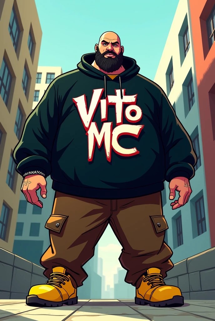 White rapper 90 kg 1.70 tall bald black beard with gray hair and mustache black hoodie and have graffiti pro on the hoodie that says Vito Mc brown baggy pants with yellow boots cartoon