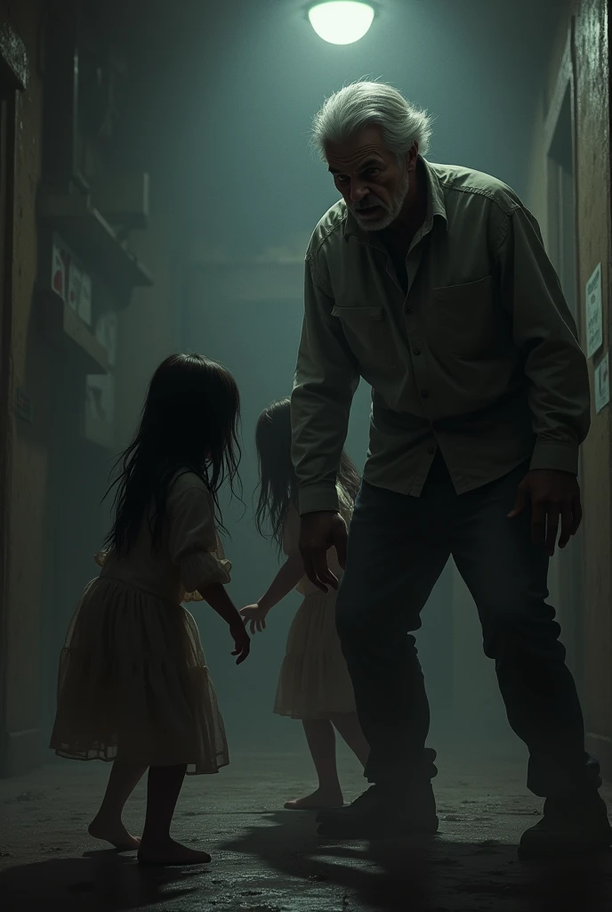 Imagine two girl age 12 year 9 year tourchering by a old man age 50. Make this image realistic not cartoonist.