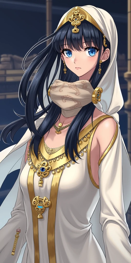 Anime-style illustration of Ishizu Ishtar from Yu-Gi-Oh!, a young Egyptian woman with long black hair and blue eyes. She wears a cream-colored sleeveless dress with gold trim and a matching headpiece. Her neck is adorned with a golden necklace featuring the Eye of Wdjat. She has a calm and mysterious expression, standing in a dignified pose. The background hints at ancient Egyptian elements.