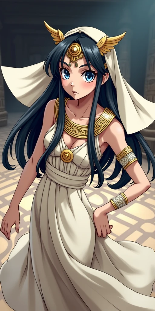 Anime-style illustration of Ishizu Ishtar from Yu-Gi-Oh!, a young Egyptian woman with long black hair and blue eyes. She wears a cream-colored sleeveless dress with gold trim and a matching headpiece. Her neck is adorned with a golden necklace featuring the Eye of Wdjat. She has a calm and mysterious expression, standing in a dignified pose. The background hints at ancient Egyptian elements.