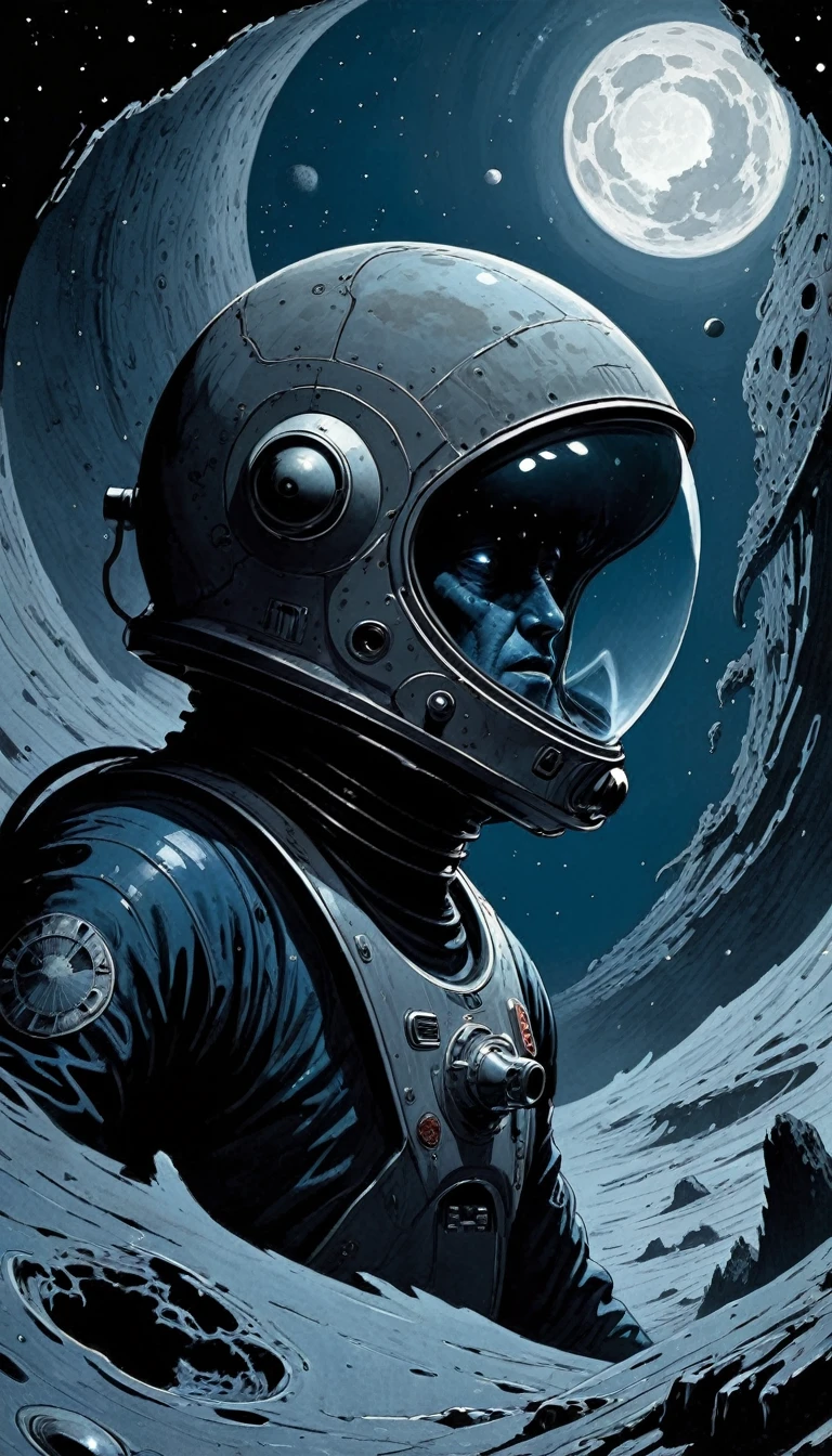 philippe druillet,moebius inspired euro comics art The Cosmic Scream: "In the dim void, a lone astronaut floats, helmet removed, face twisted in an eternal scream. Behind, an abyssal maw of a black hole stretches open, its depths filled with ghostly, wailing faces that mirror the astronaut's terror. The whole scene is consumed in shades of pitch black, cold blue, and suffocating gray. Oil on canvas, heavy and rough textures." Inspired by  and John Berkey Style, . Weird, creepy, disturbing, nightmarish, unsettling. Sharp contrasts, deep shadows., the contrast in colors and textures should be distinct highly detailed,dramatic lighting,vibrant yet slightly desaturated,sense of motion,retro-futuristic,surreal,grainy texture