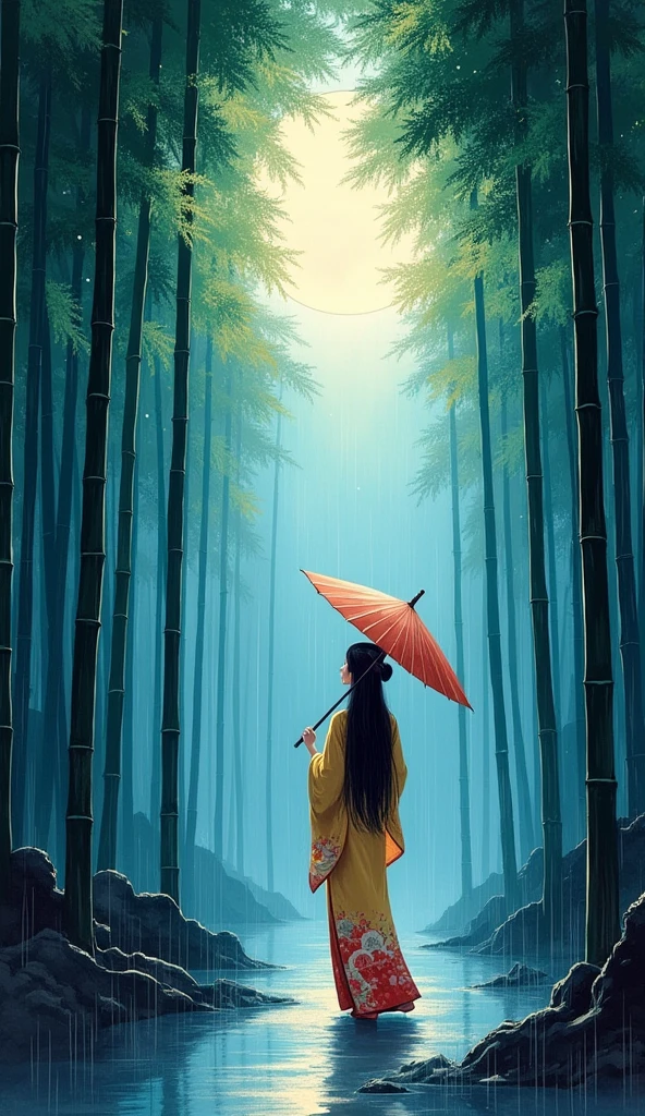 dynamic ink painting of a bamboo grove of japan, great art, great sense of depth, ground level shot, the most beautiful bamboo grove in the world, bamboo leaves shining through rainwater, moon\(pale blue\) with a light overcast, beautiful woman\(ancient Japanese noble, beautiful kimono, beautiful long black hair\) looking up at the moon holding an umbrella,raining softly, fireflies flying around, bamboo leaves are placed three-dimensionally in the foreground, long distance shot,limited color