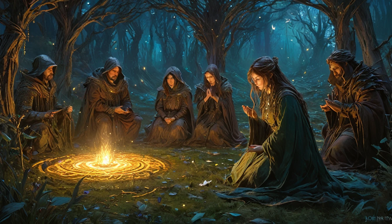 (anime, fantasy, dark cult), (detailed CG unity 8k wallpaper, masterpiece, best quality, highly detailed, HDR:1.2), a dark cult gathering, praying in circle, medieval cult, open field. {night} {unique shape} {4k texture}, vibrant color, intricate, ethereal lighting. From Brian Froud and Carne Griffiths and Wadim Kashin and John William Waterhouse