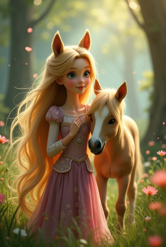 gernate a picture of baby rupenzel girl in movie and her baby horse