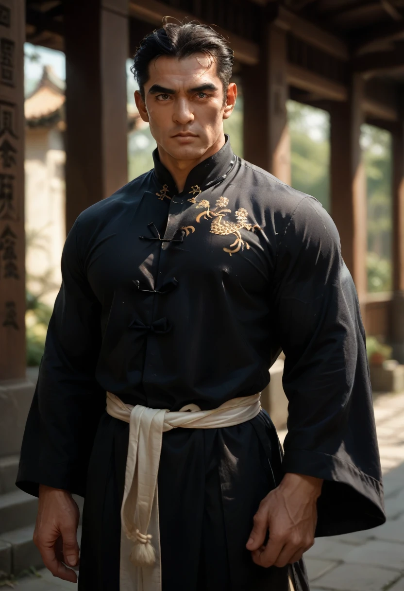 Long black hair, ancient Chinese clothing, middle-aged man, muscular, big man