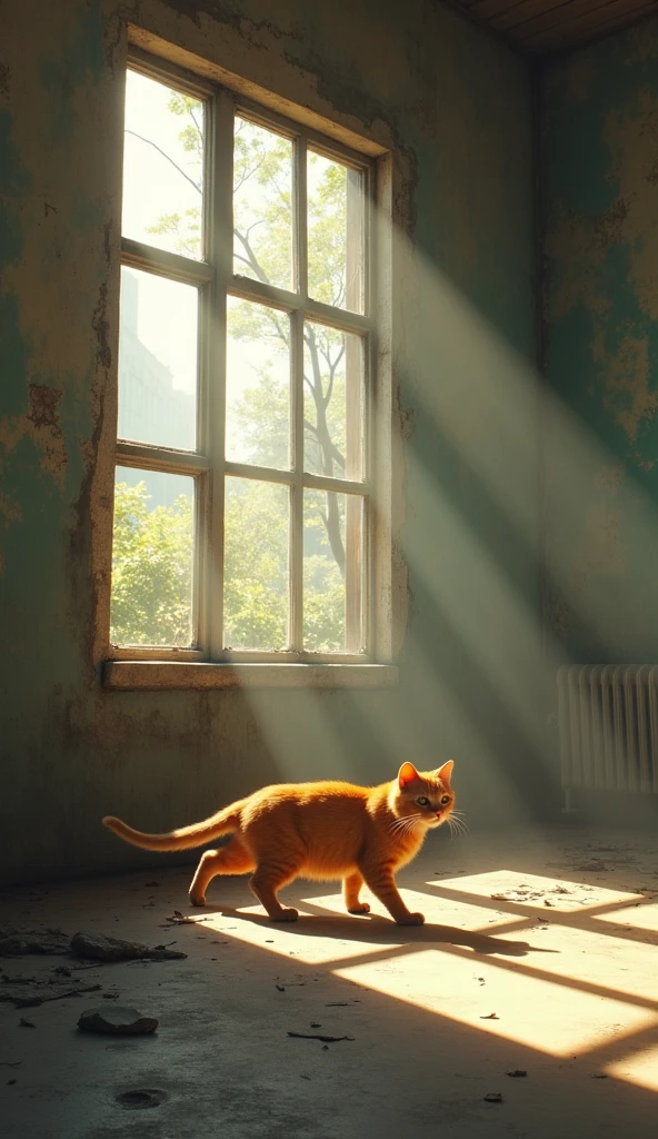 Scene 7: The Morning Light
Location: Inside the Abandoned Building, Morning
Sunlight filters through the broken windows, and the orange cat wakes up. It stretches, still weary, but somewhat relieved to have survived another night. It ventures outside to start the day anew.