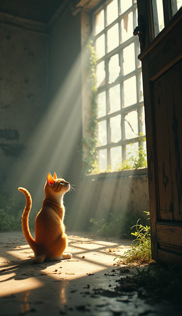 Scene 7: The Morning Light
Location: Inside the Abandoned Building, Morning
Sunlight filters through the broken windows, and the orange cat wakes up. It stretches, still weary, but somewhat relieved to have survived another night. It ventures outside to start the day anew.