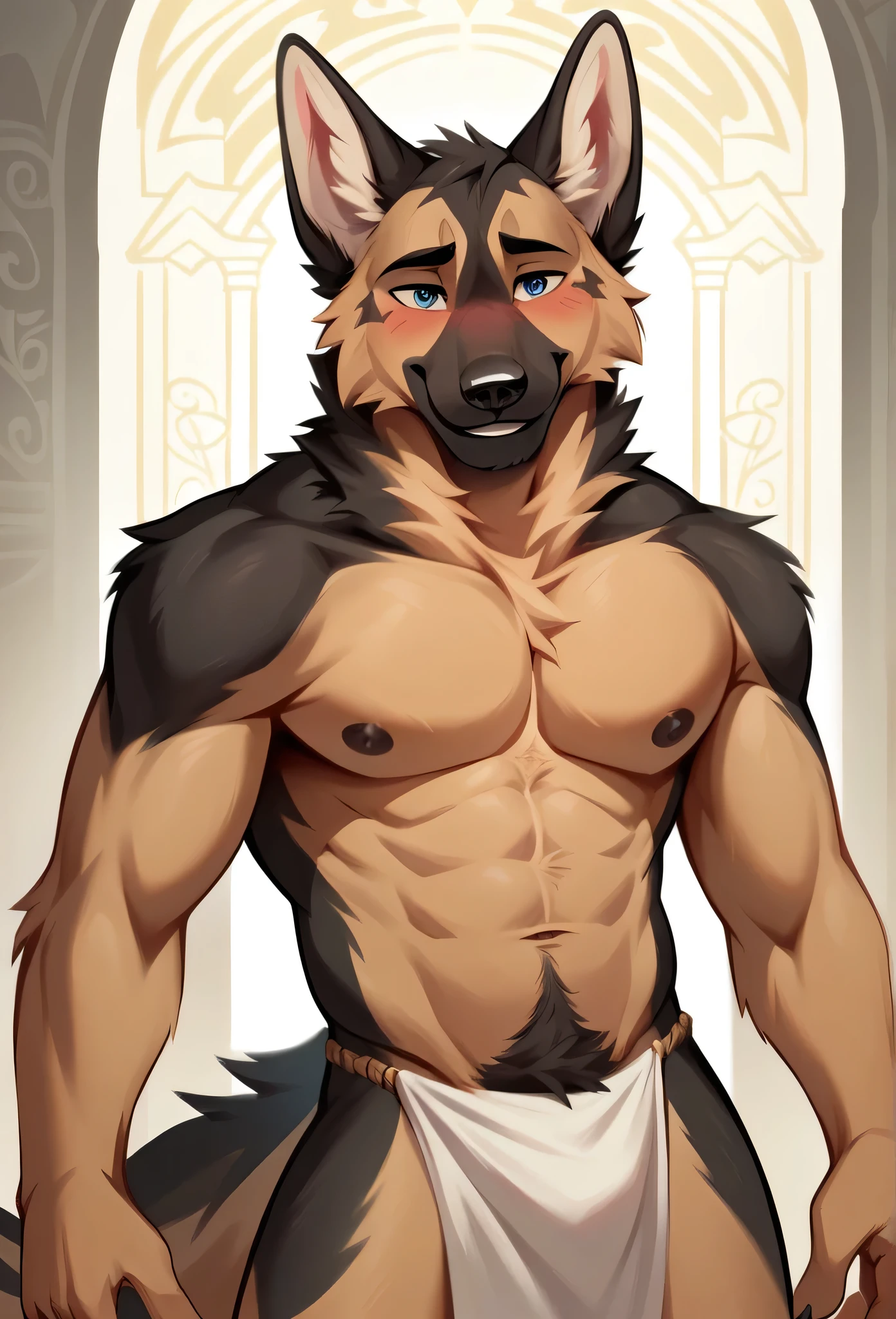 male, German Shepherd, hairy, Smile,blush,White loincloth, neutral, Dynamic Lighting, illustration, beautiful, particle (high quality,4K,8K,high resolution,masterpiece:1.2), Extremely detailed, Impressionism:rich and colorful,