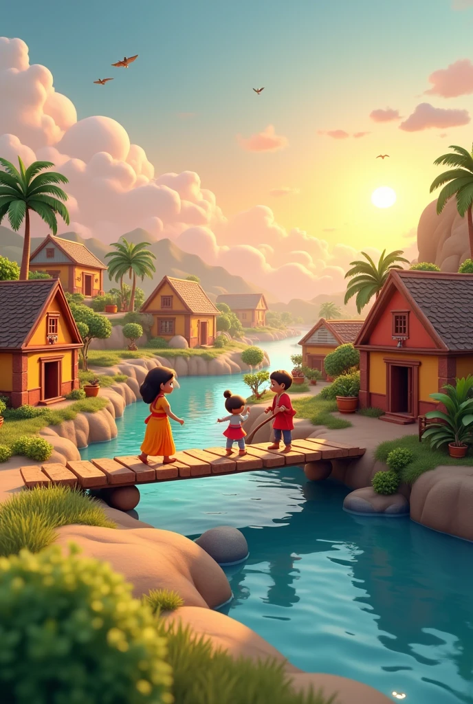 3d cartoon style"a beautiful village(Indian village have few peoples ,in the village have street and river,on the river passing a bridge,on the background sunrising, in the sky few birds flying, image viewed from in the cloud. Environment colour are cool.