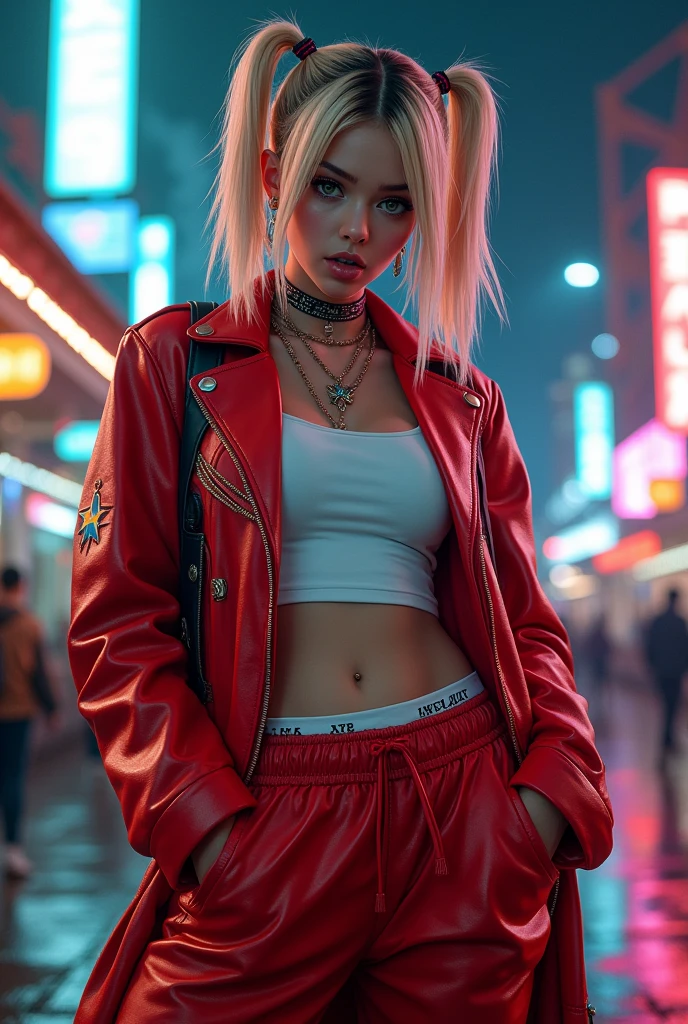 night、port、White T-shirt、Showing underboob、Red leather long coat、Red drawstring sweatpants、embroidery、Bakusozoku、Yankee、Belly button、Showing underboob、Blonde、Black hairline、Wide forehead、short hair with twin tails、Get angry、lightning、dragon、bike、illumination、Showing underboob、See-through、cute、bright、Pink Panties