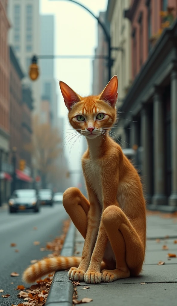 Take a realistic photo in a city where a skinny orange cat person is sitting contemplating on the side of the road