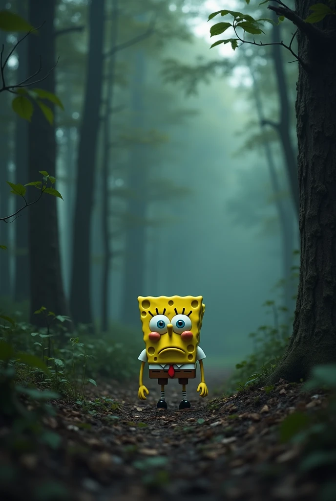 Spongebob is lost in the forest with a sad and scared face