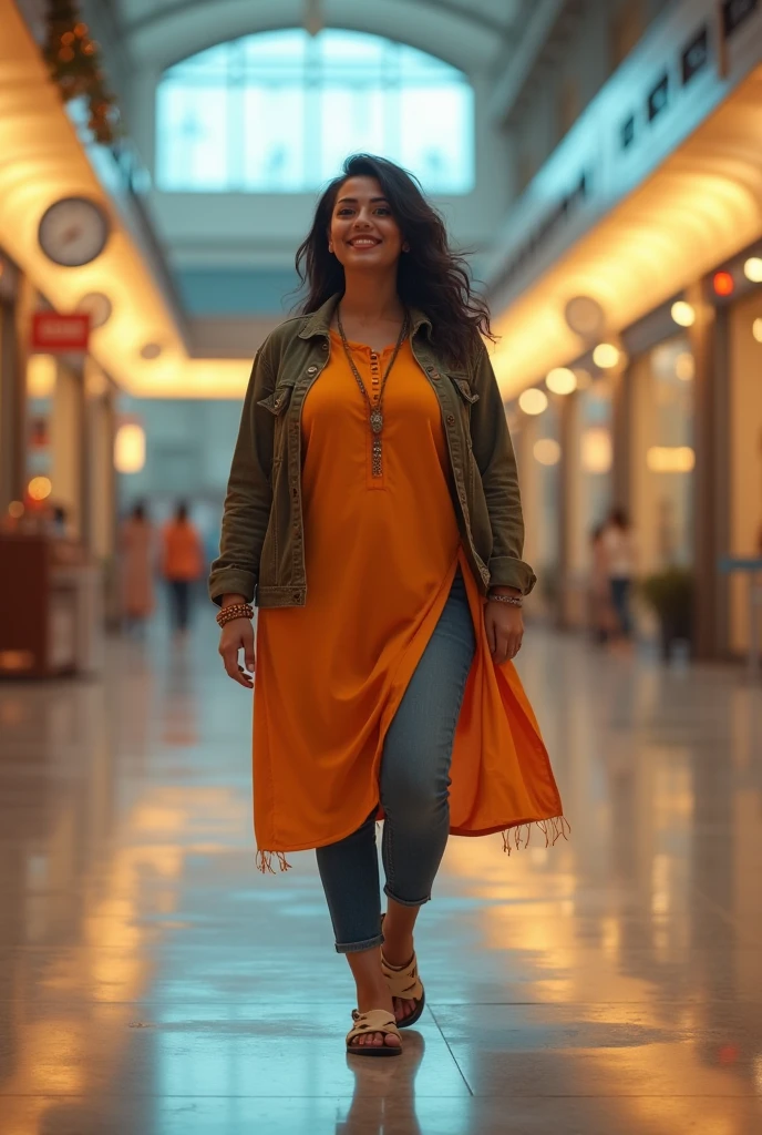portrait of a very short and thick voluptuous smiling Indian woman with huge saggy  wearing trendy kurti with a jacket and denims walking through an empty shopping mall looking back, riot of colors, epic lighting, fine art, dreamlike atmosphere, soft cinematic focus, anamorphic lens flares, masterpiece, by tinto brass,
