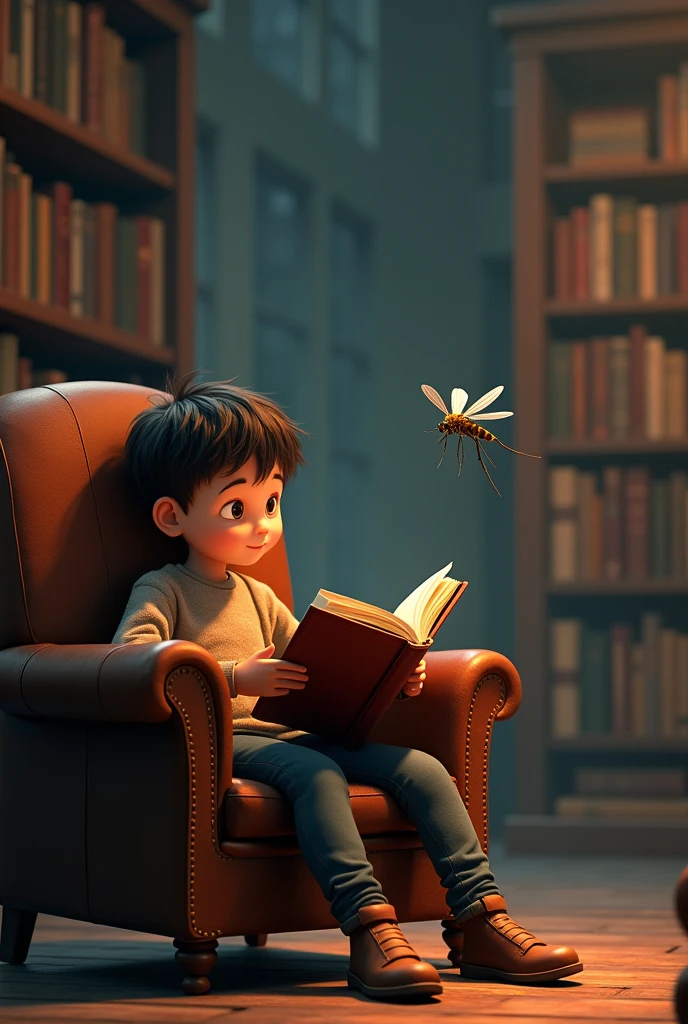 A mosquito flying or a boy who reading in library chair watching flying mosquito 