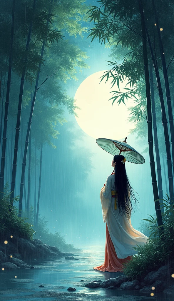 dynamic ink painting of a bamboo grove of japan, great art, great sense of depth, ground level shot, the most beautiful bamboo grove in the world, bamboo leaves shining through rainwater, moon\(pale blue\) with a light overcast, beautiful woman\(ancient Japanese noble, beautiful kimono, beautiful long black hair\) looking up at the moon holding an umbrella,raining softly, fireflies flying around, bamboo leaves are placed three-dimensionally in the foreground, long distance shot