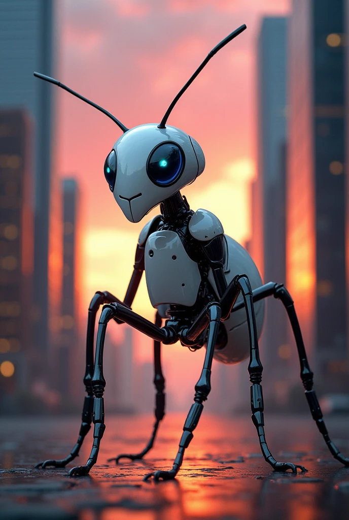 Fore ant in white glossy cyborg costume standing in between scy scrapers in sunsrt