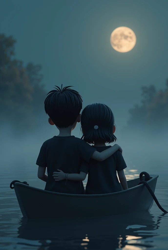 Create 3D image.one boy and girl heart broked heart.the boy and girl wear black colour full sleeve tshirt and girl had a cute little chain and the boy has a black colour little rope in 10 rupees coin.they are sitting the smoke boat at Lake one moon.They are  with hug feel sad.
