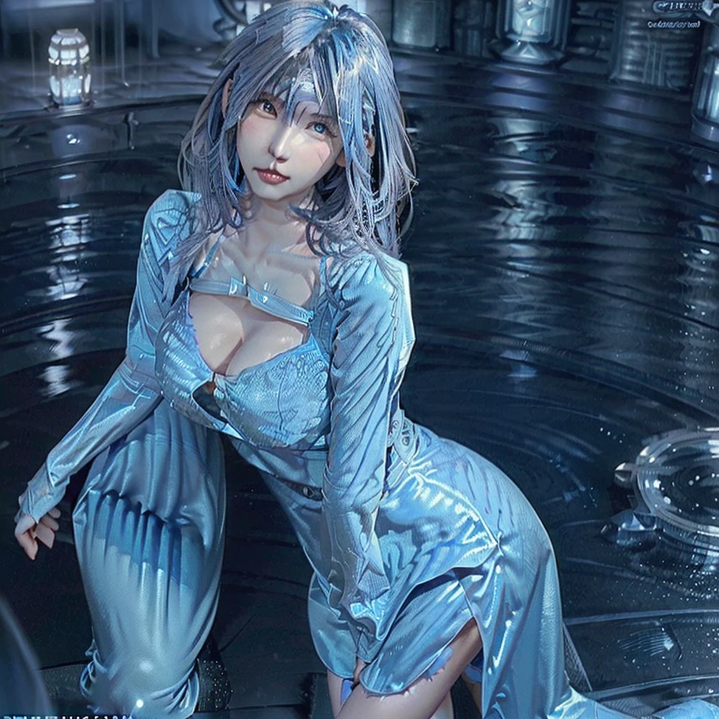 Water Spirit(((Light blue hair　Shining beautiful hair　Long Wavy Hair)))Big Breasts(((Big Tits　I can see her cleavage　はち切れるほどのBig Breasts)))Shiny Dress((Patent blue dress　big slit))High heels　Highest quality(((Ultra-high resolution　High quality　Beautiful image quality)))